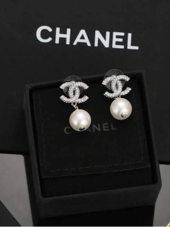 CHANEL Jewelry - CHANEL Silver Crystal CC Drop Earrings with White Pearls